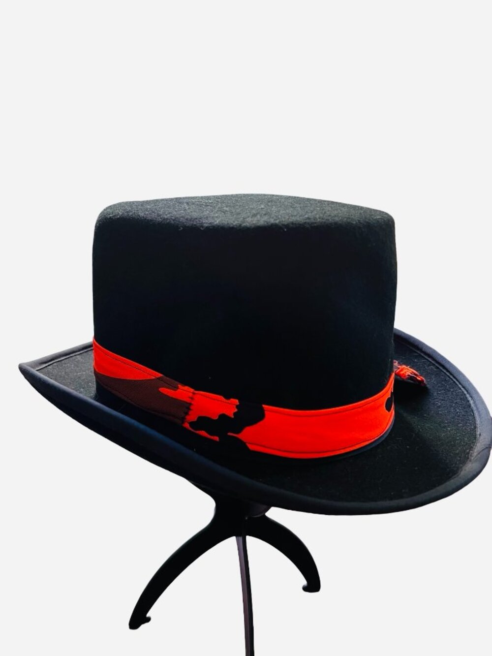 Vintage Black Wool Top Hat Orange Camo Band Festival Burning Man Costume Large
